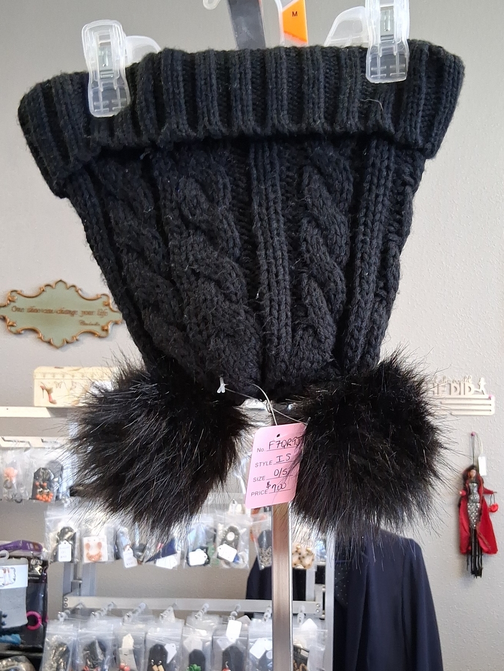 Kids Black Cable Knit Hat with Dual Faux Fur Pom Poms